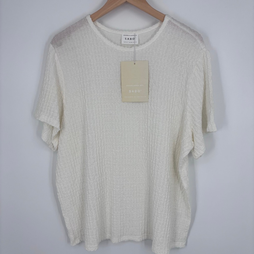 Sabo Adora Top Womens S White Textured Short Sleeve Crew Neck Blouse Australia